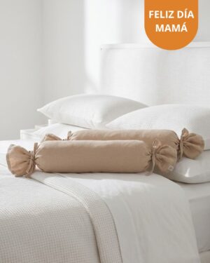 Pack de 02 cojines cilíndricos funda beige con tiras beige