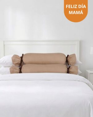 Pack de 02 cojines cilíndricos funda beige con tiras marrón